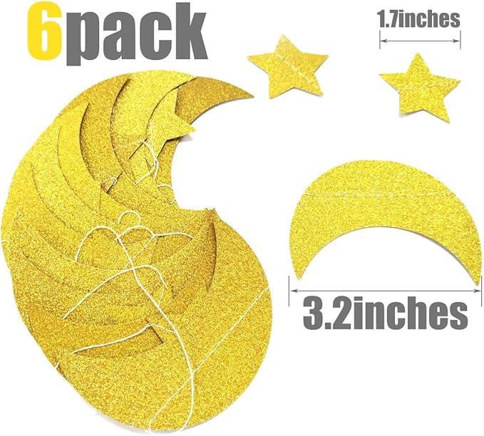 50ft Glitter Moon Stars Garland 6 Pack Gold Crescent Star Hanging Decorations Party