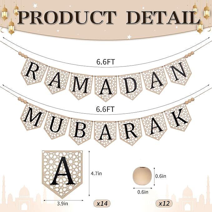 2 Pcs Ramadan Mubarak Banner  Eid Decorations Rustic Bead Party Decor