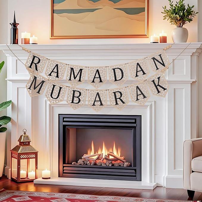 2 Pcs Ramadan Mubarak Banner  Eid Decorations Rustic Bead Party Decor