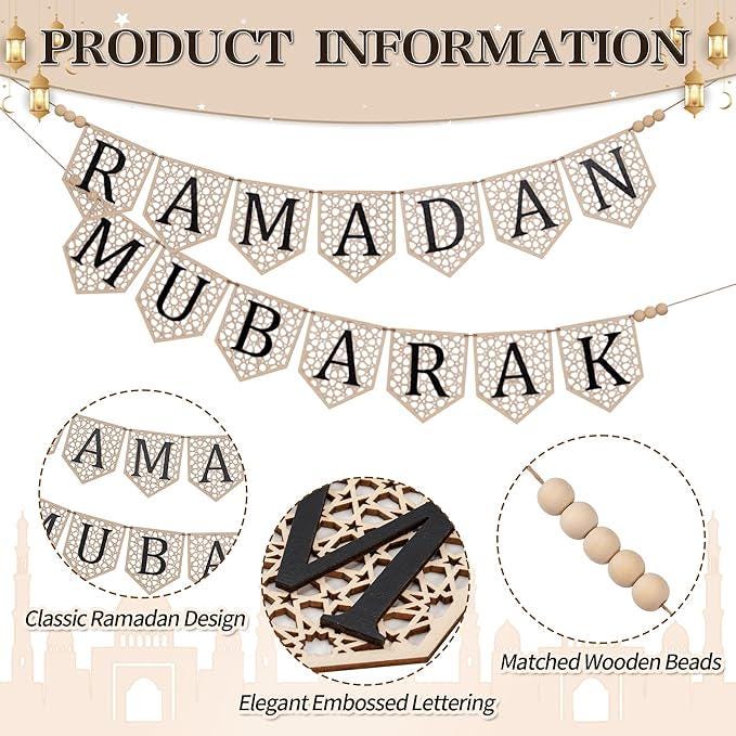 2 Pcs Ramadan Mubarak Banner  Eid Decorations Rustic Bead Party Decor