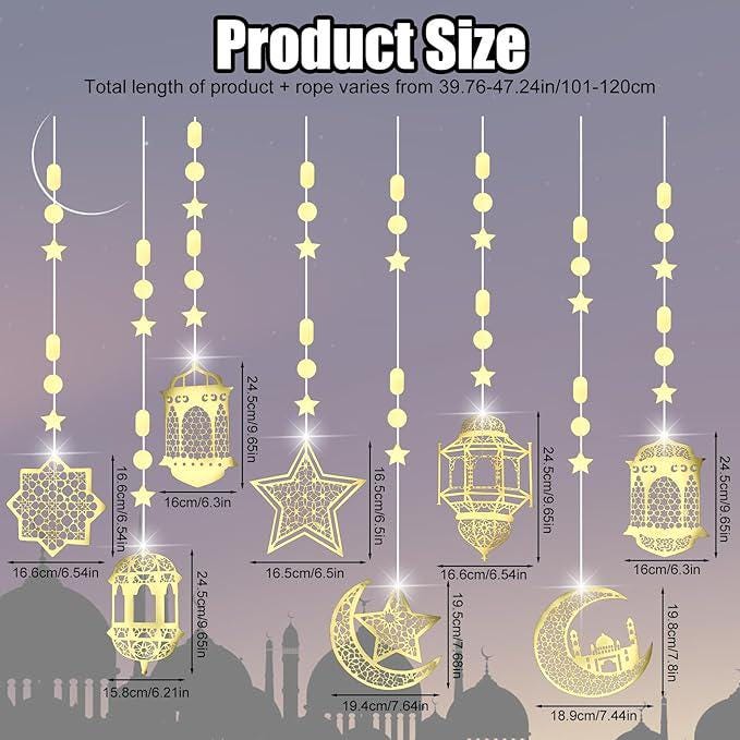 8 Pcs Eid Hanging Decorations Pre Strung Garland Star Moon Lantern Gold Party Decor