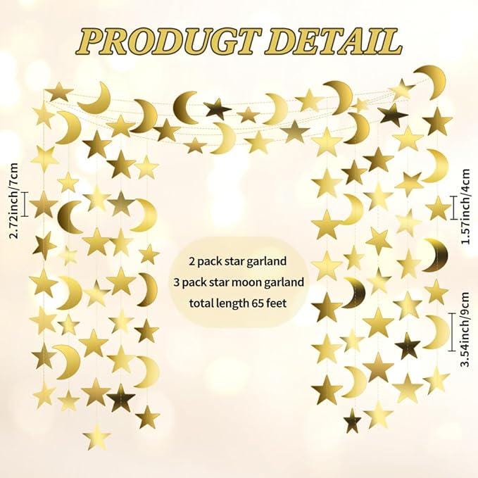 5 Pack Gold Moon Star Garland Glitter Hanging Streamers Banner Party Decorations