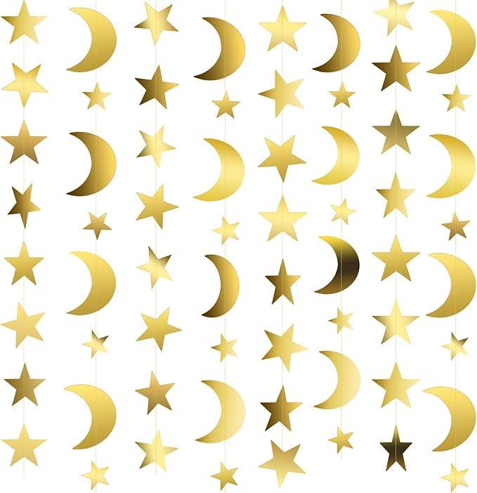 5 Pack Gold Moon Star Garland Glitter Hanging Streamers Banner Party Decorations