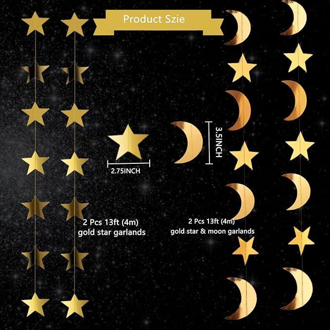 Gold Moon Stars Garland Hanging Decorations Starry Night Eid Ramadan Party Decor