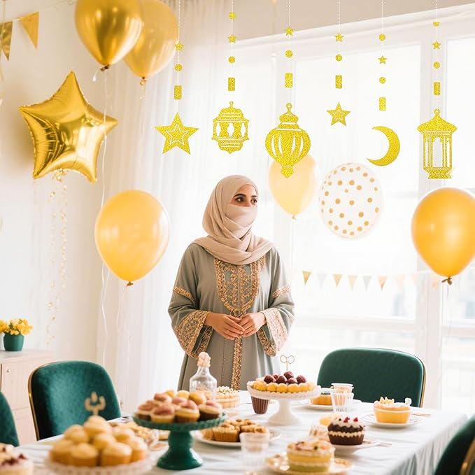 Gold Eid Banner Garland Ramadan Hanging Banner Home Decorations