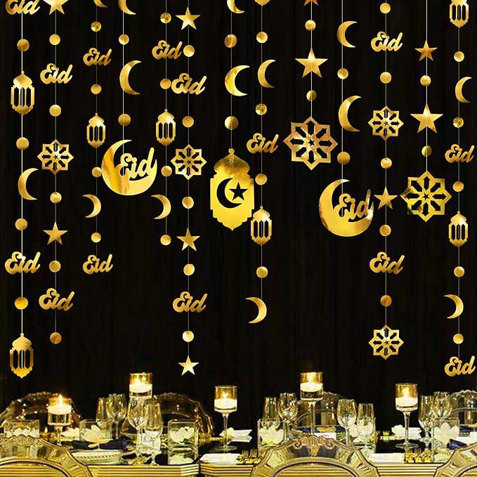 Gold Ramadan Decoration Eid Mubarak Star Moon Lantern Hanging Garland Banner