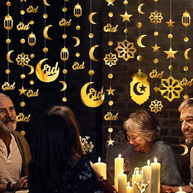 Gold Ramadan Decoration Eid Mubarak Star Moon Lantern Hanging Garland Banner