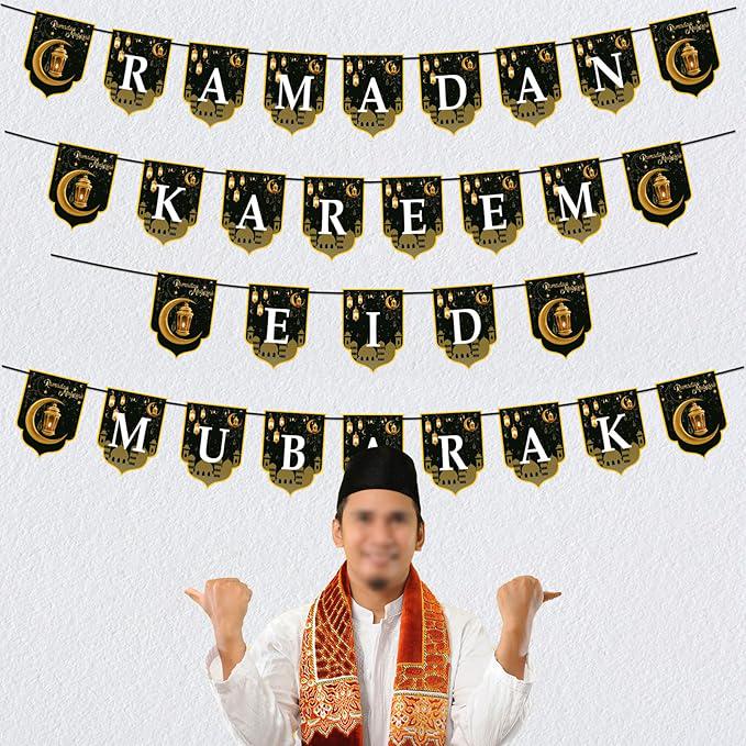 4pcs 2 in 1 Ramadan Eid Mubarak Banner Black Gold Hanging Garland Home Decor