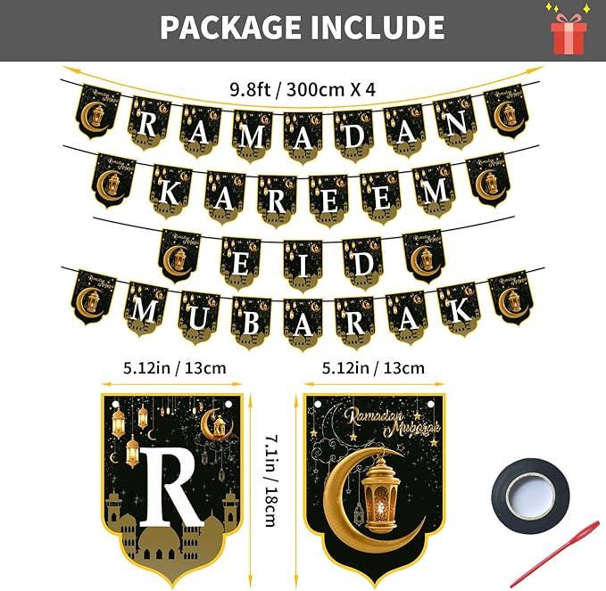 4pcs 2 in 1 Ramadan Eid Mubarak Banner Black Gold Hanging Garland Home Decor
