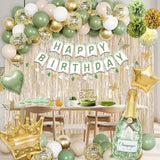 Sage Green Birthday Decorations Balloon Banner Confetti Fringe Boho Party Set