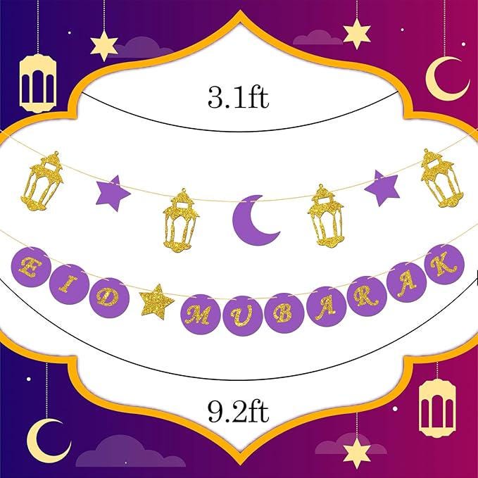 Eid Mubarak Banner Purple Gold Ramadan Bunting Lantern Moon Star Garland