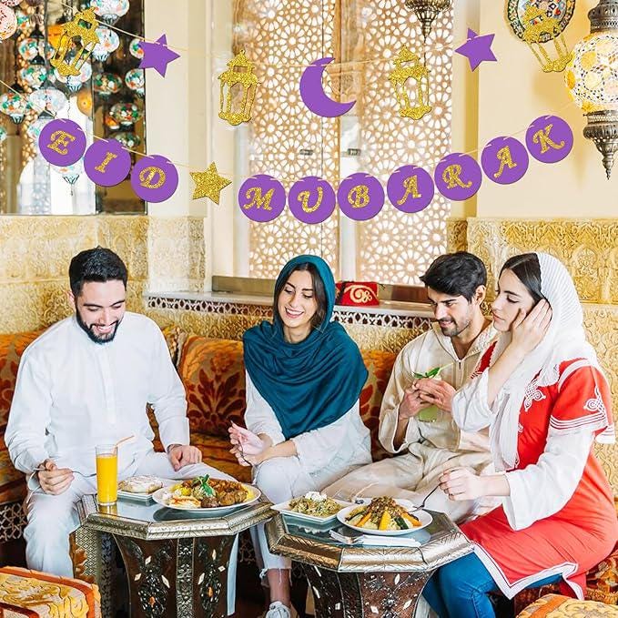 Eid Mubarak Banner Purple Gold Ramadan Bunting Lantern Moon Star Garland