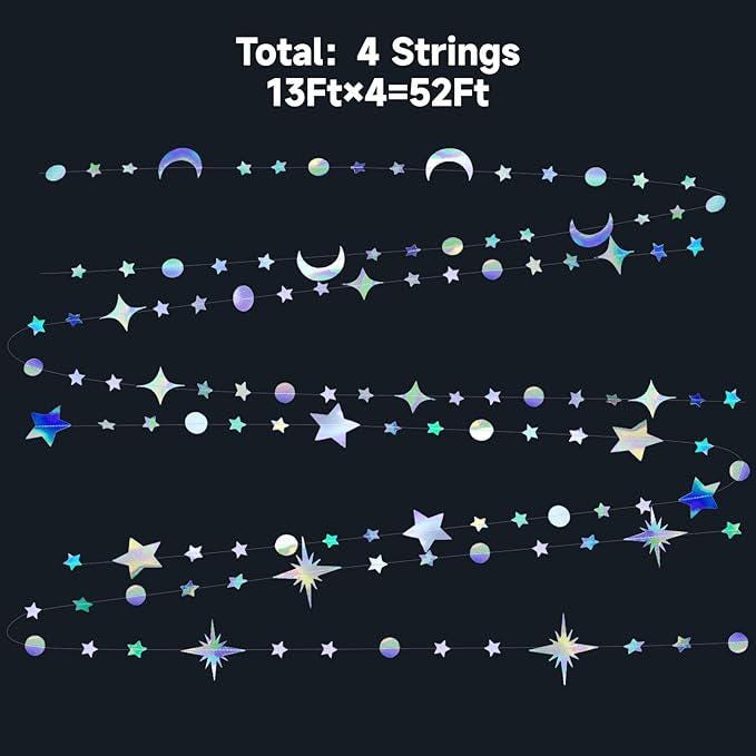 Iridescent Star Moon Garland Holographic Party Decorations Ramadan Birthday Wedding Decor