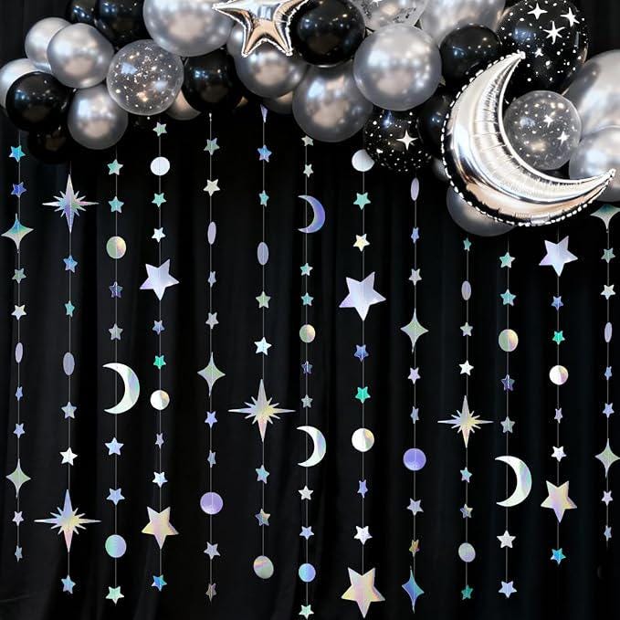 Iridescent Star Moon Garland Holographic Party Decorations Ramadan Birthday Wedding Decor