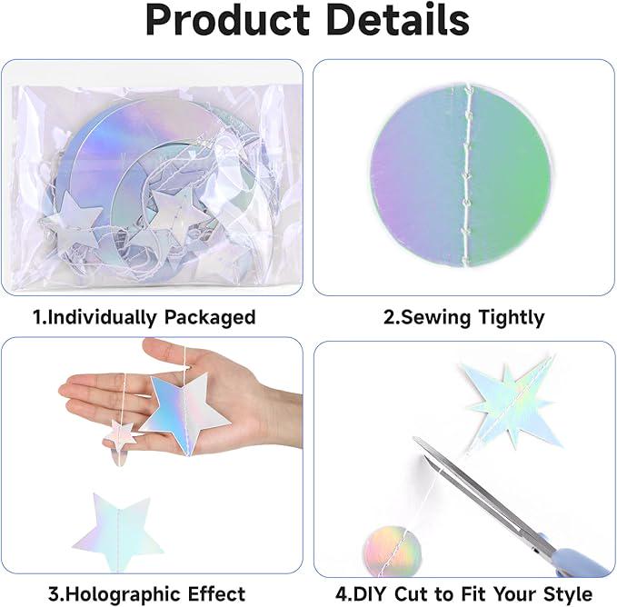 Iridescent Star Moon Garland Holographic Party Decorations Ramadan Birthday Wedding Decor
