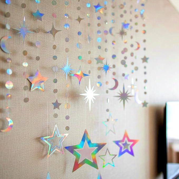 Moon and Stars Decor Iridescent Star Garland Hanging Decorations Ramadan Eid Parties