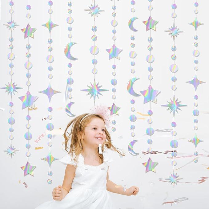 4 Pack Iridescent Star Moon Garland Holographic Party Decorations Ramadan Eid Hanging