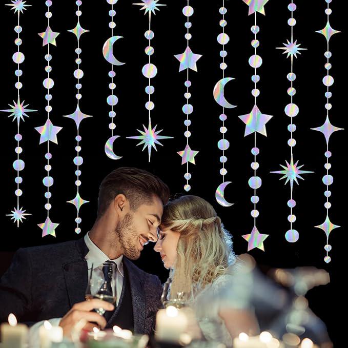 4 Pack Iridescent Star Moon Garland Holographic Party Decorations Ramadan Eid Hanging