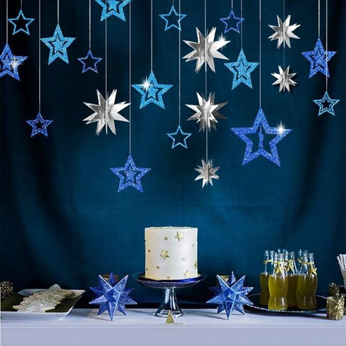 Blue Star Garland 3D Twinkle Hanging Decorations Baby Shower Birthday Ramadan Eid Party