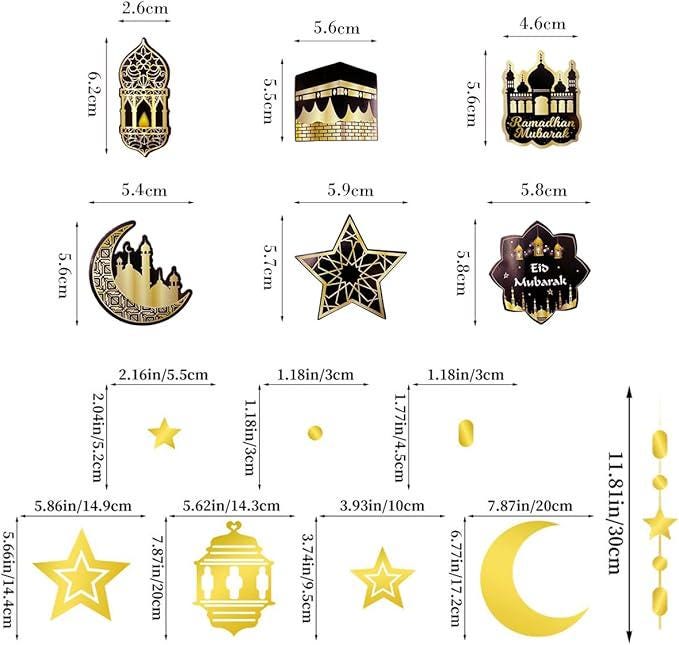 Eid Mubarak Decorations Kit Gold Ramadan Banners Star Garland Cupcake Toppers