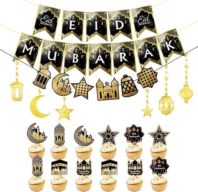 Eid Mubarak Decorations Kit Gold Ramadan Banners Star Garland Cupcake Toppers
