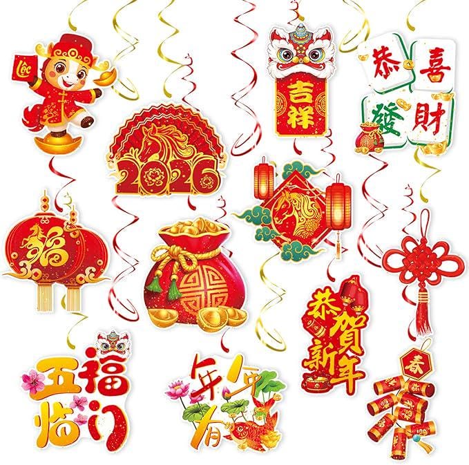 2026 Chinese New Year Hanging Swirls 30 Pcs Lunar Ceiling Streamers Horse Theme