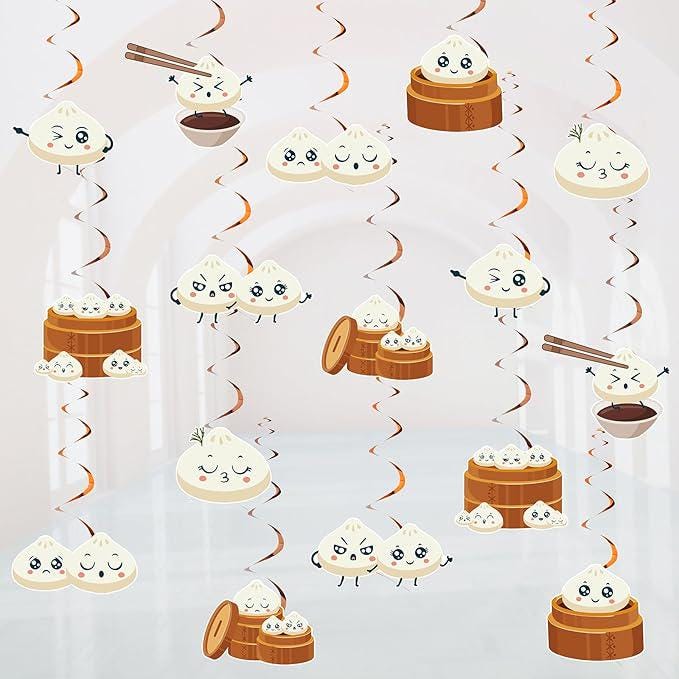 24 PCS Dumpling Theme Hanging Swirls Ceiling Streamers Chinese Food First Birthday Party