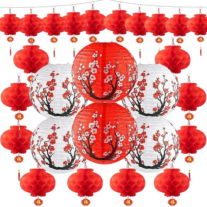 26-Piece Japanese & Chinese Lantern Set: Cherry Blossom, Red Party Decor