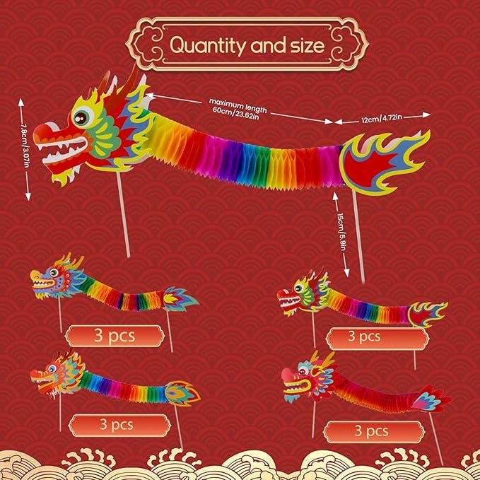 12 PCS Chinese Paper Dragon 3D DIY Decorations Chinese New Year Party Supplies