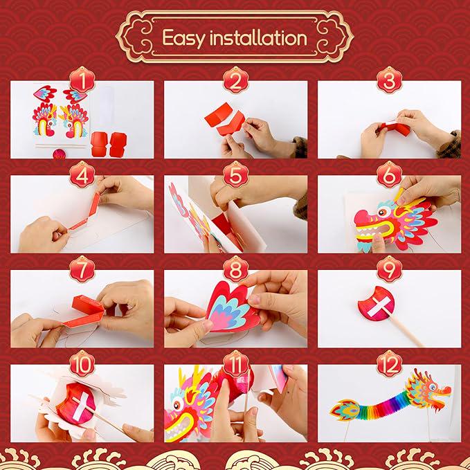 12 PCS Chinese Paper Dragon 3D DIY Decorations Chinese New Year Party Supplies