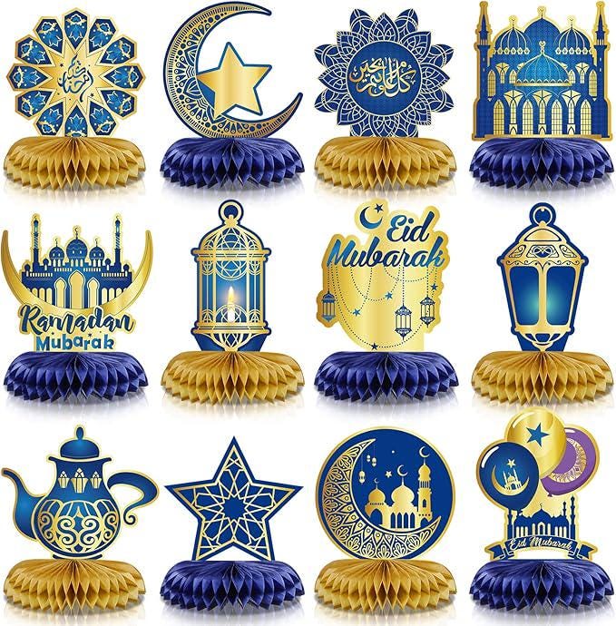 12 PCS Ramadan Mubarak Decorations Eid Honeycomb Centerpieces Blue Gold Moon Star Table Decor