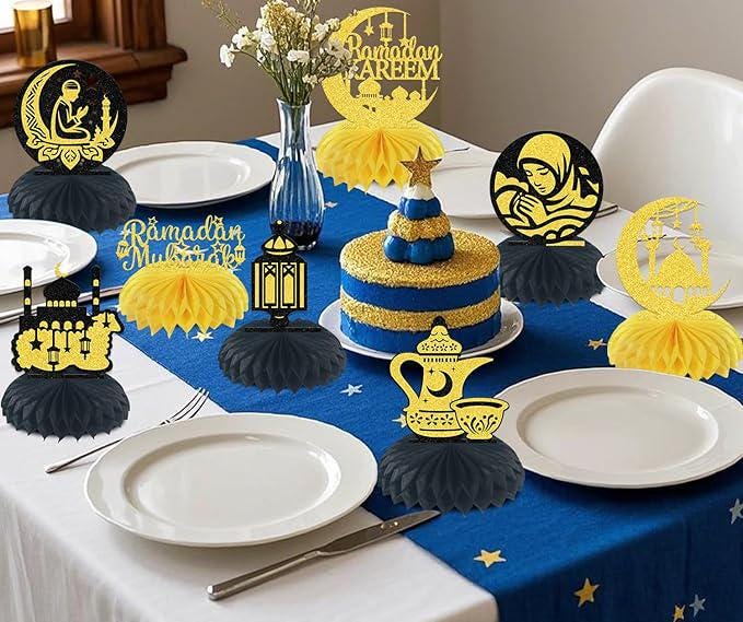 8 PCS Ramadan Mubarak Honeycomb Centerpieces Eid Al Fitr Festival Decor Black and Gold