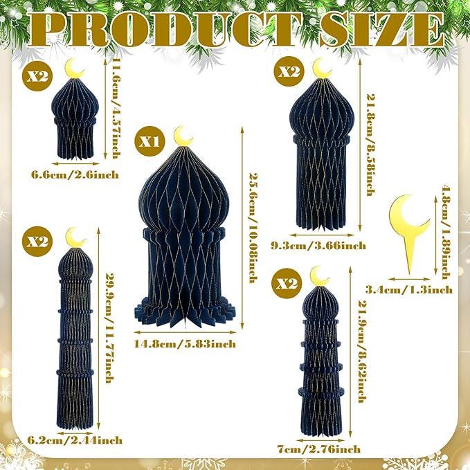 9 PCS Ramadan Party Decorations Honeycomb Centerpieces Eid Mubarak Table Decor Blue and Gold