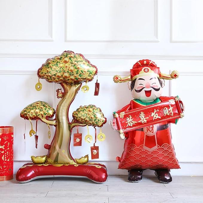 2Pcs Chinese New Year Balloons 2026 Gold Money Tree God of Wealth Party Decor