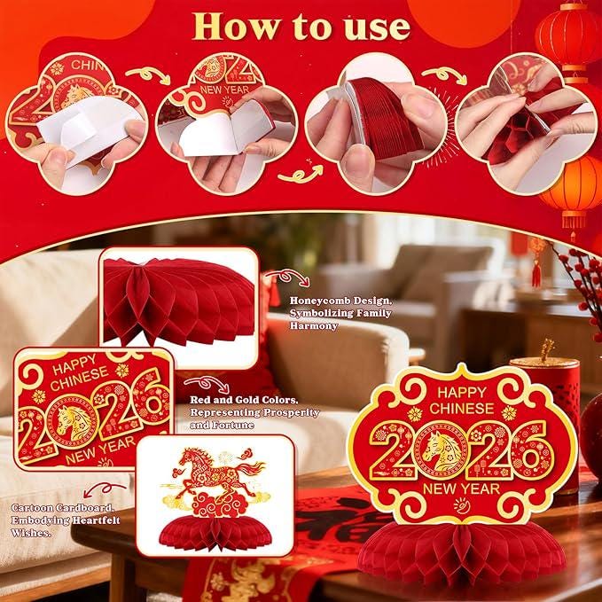 10 PCS Chinese New Year Honeycomb Centerpieces 2026 Horse Red and Gold Table Decor