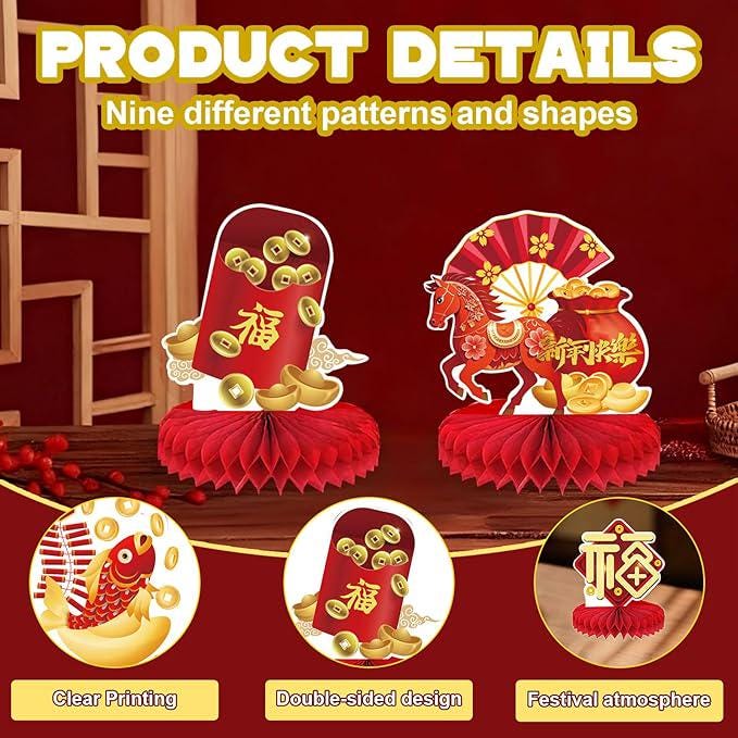 2026 Chinese New Year Table Honeycomb Centerpieces Red Horse FU Sign Party Decor