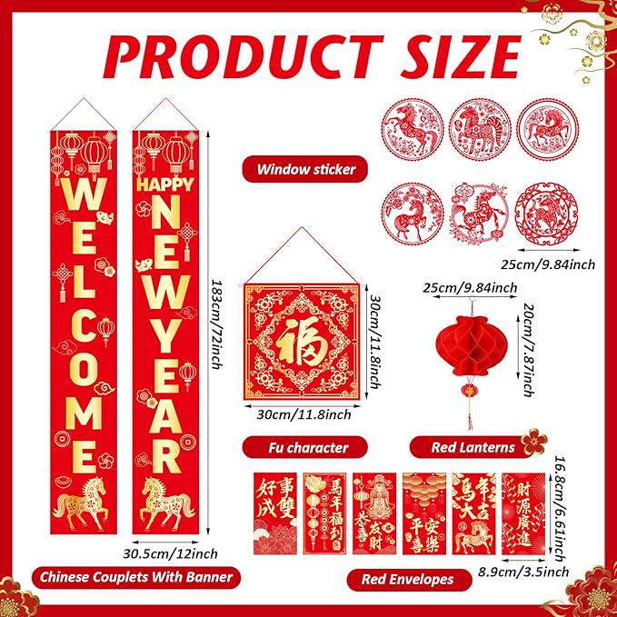 20 Pcs Chinese New Year 2026 Decorations Set Banner Lanterns Chunlian Fu Party Decor