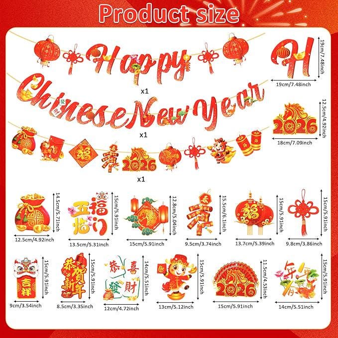 2026 Chinese New Year Banner with Swirl Hanging Decor Year of the Horse Party Supplies