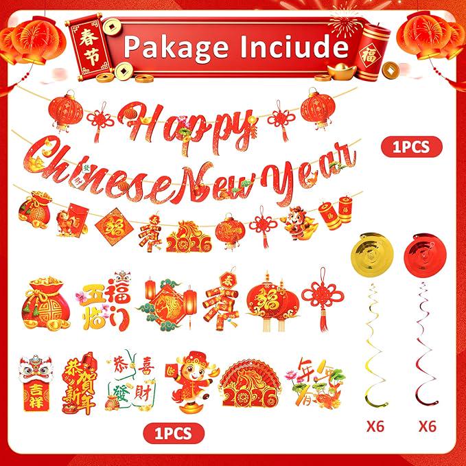2026 Chinese New Year Banner with Swirl Hanging Decor Year of the Horse Party Supplies