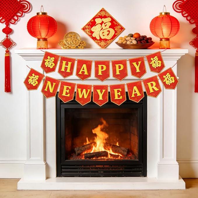 2026 Chinese New Year Banner Red Gold Horse Spring Festival Party Decor