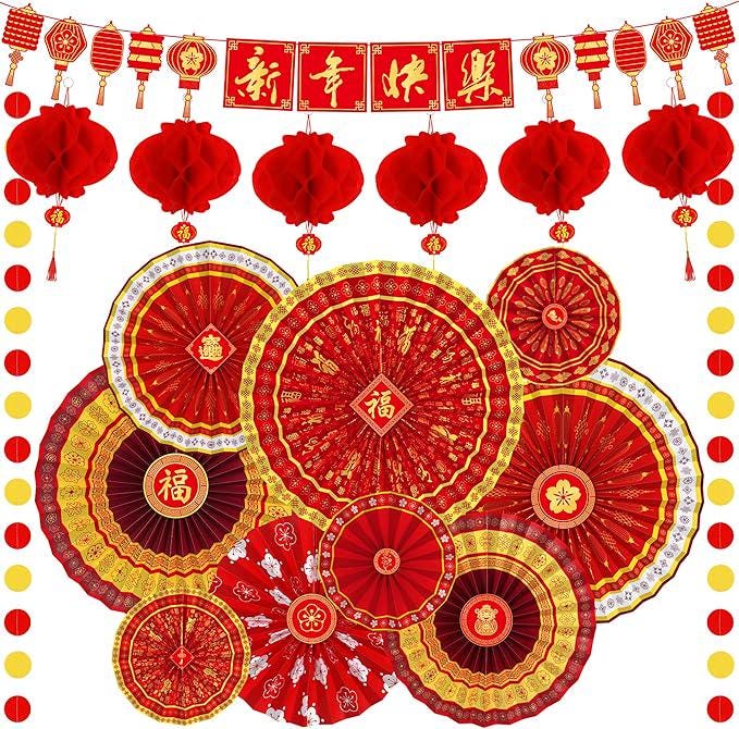 26 Pcs Chinese New Year Decorations Red Gold Paper Fans Lanterns Banner Garland