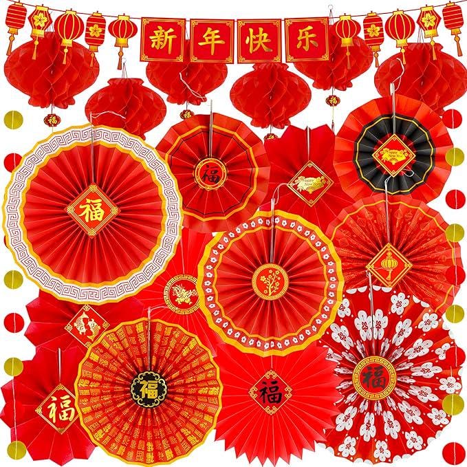 20 Pcs Chinese New Year Party Decorations Red Lanterns Fans Banner 2026 Horse