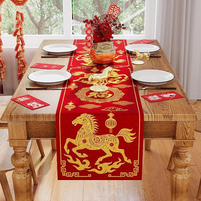 13x72 Inch Chinese New Year 2026 Horse Table Runner Red Gold Spring Festival Decor