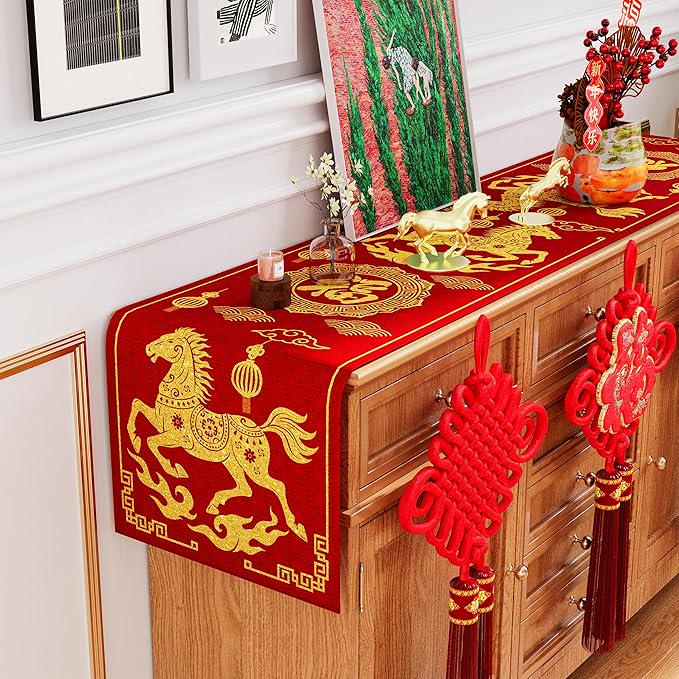 13x72 Inch Chinese New Year 2026 Horse Table Runner Red Gold Spring Festival Decor