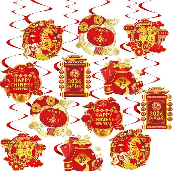 2026 Chinese New Year Hanging Swirls Decorations Kit 24pcs Zodiac Horse Party Supplies