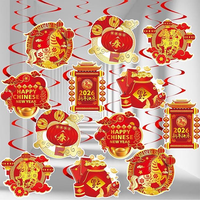 2026 Chinese New Year Hanging Swirls Decorations Kit 24pcs Zodiac Horse Party Supplies