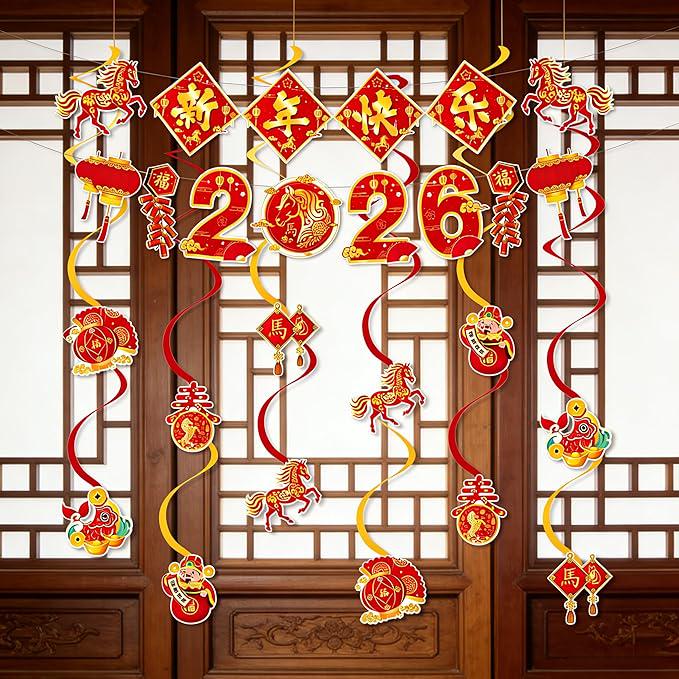 2026 Lunar New Year Decorations: Horse Banner & Hanging Swirls