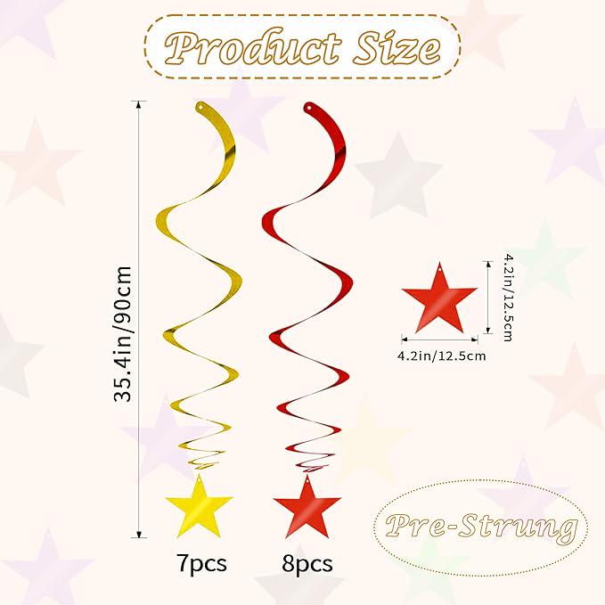 Red Gold Star Hanging Swirls 15pcs Ceiling Decorations 2026 Party Spring Festival