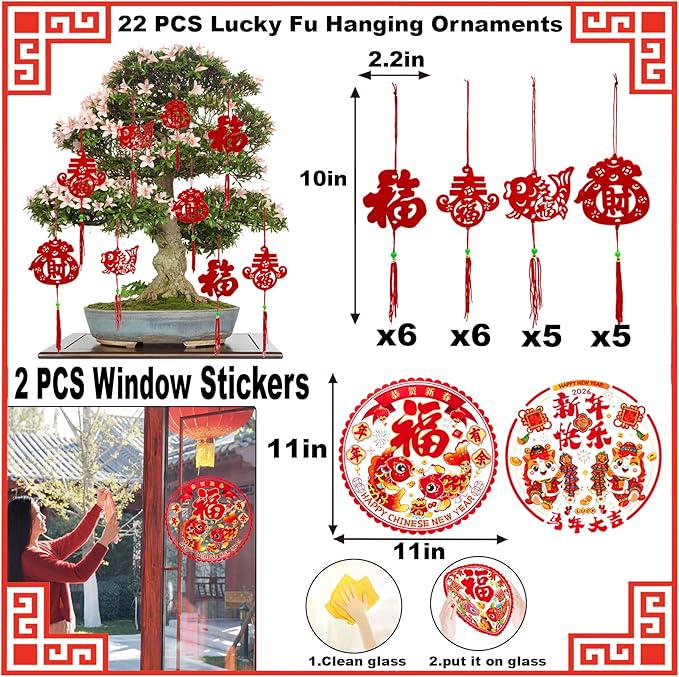 2026 Chinese New Year Decorations Red Chinese Knot Fu Character Couplets 27 PCS