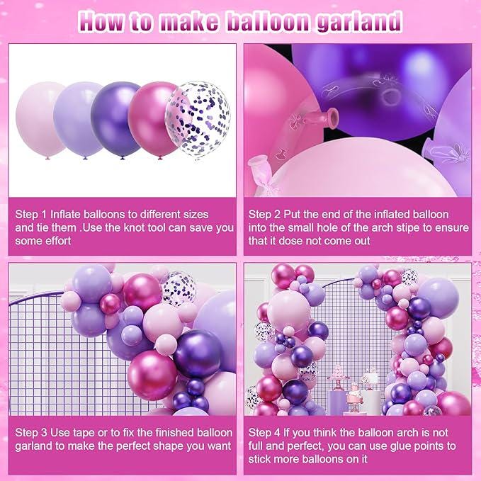 136 PCS Pink Purple Balloon Garland Arch Kit Multi Size Party Decorations